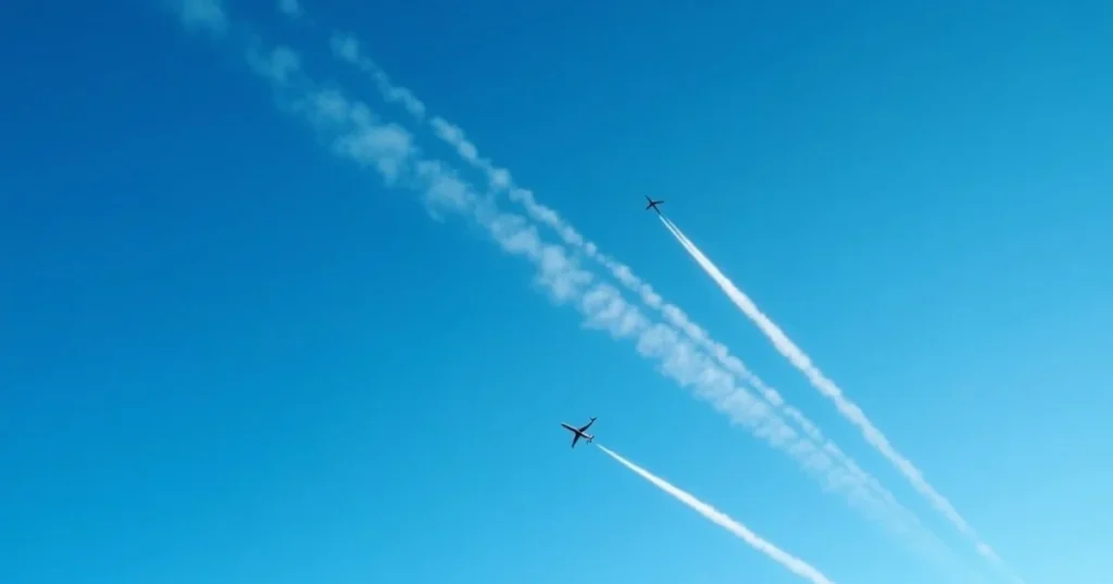 Aircraft contrails crossing a deep blue sky