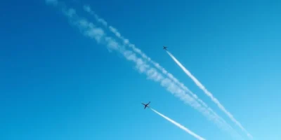 Aircraft contrails crossing a deep blue sky