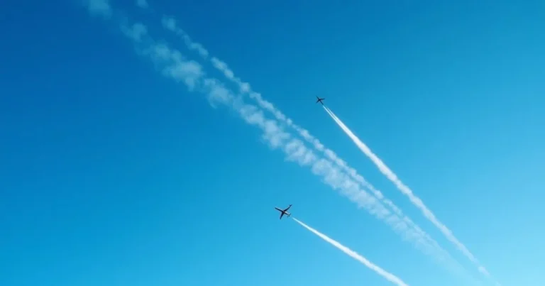 Aircraft contrails crossing a deep blue sky