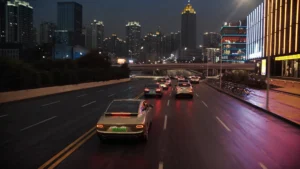 chinese electric cars filling a modern city boulevard at dusk