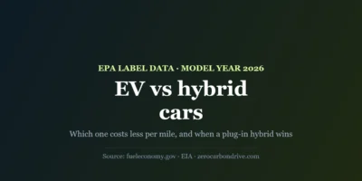 Cover: EV vs hybrid cars 2026, energy cost per 100 miles compared with EPA label data