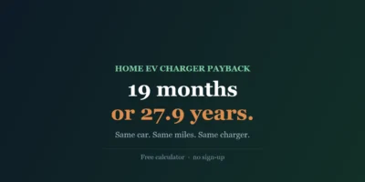 Cover for the home ev charger payback calculator showing payback ranging from 19 months to 27.9 years