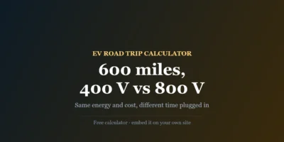 Cover: EV road trip calculator — 600 miles, 400 V vs 800 V charging