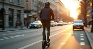 A rider wearing a helmet on an electric scooter in a bike lane