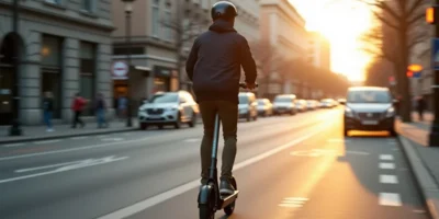 A rider wearing a helmet on an electric scooter in a bike lane