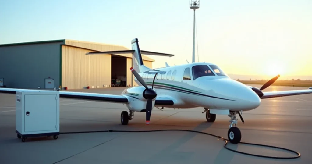 Small electric training aircraft on an apron with a charging cable attached