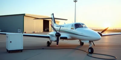 Small electric training aircraft on an apron with a charging cable attached