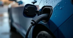 Charging cable plugged into an electric car port, close up