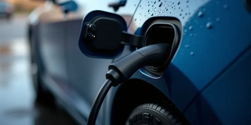 Charging cable plugged into an electric car port, close up