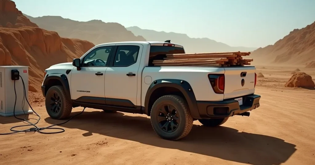 Electric pickup truck on a construction site in daylight