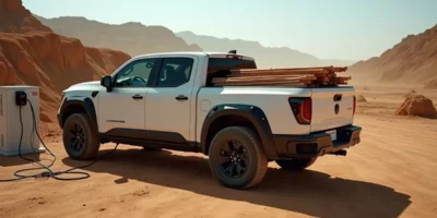 Electric pickup truck on a construction site in daylight