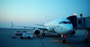Unmarked airliner at a European airport gate at dawn