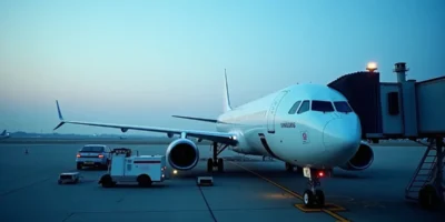 Unmarked airliner at a European airport gate at dawn