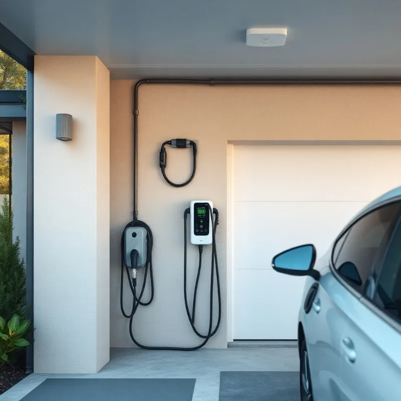 Electrician installing a Level 2 home EV charger on a garage wall