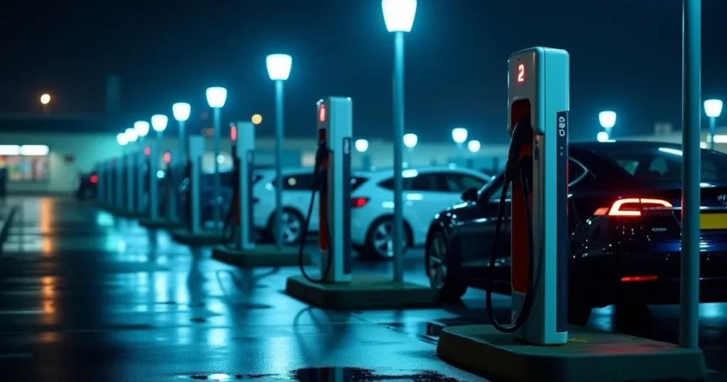 Row of DC fast chargers in a retail car park at dusk