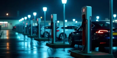 Row of DC fast chargers in a retail car park at dusk