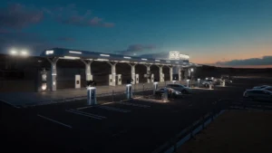 ev charging stations at a highway fast charging plaza at dusk