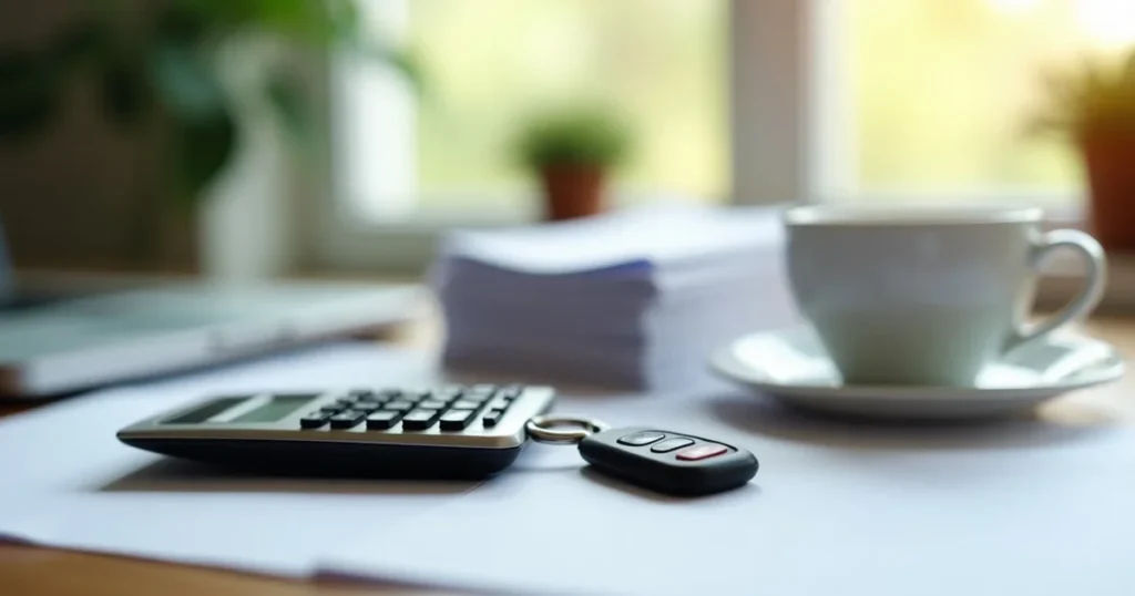 Car key and calculator on a kitchen table with loan paperwork out of focus