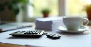 Car key and calculator on a kitchen table with loan paperwork out of focus