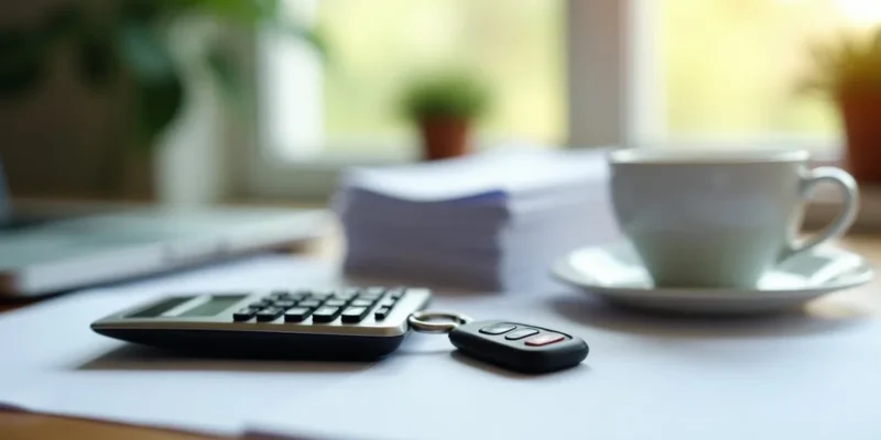Car key and calculator on a kitchen table with loan paperwork out of focus