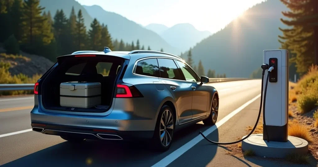 Electric car charging at a highway rest stop with mountains behind