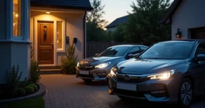 Two family cars on a driveway, one plugged into a wall charger