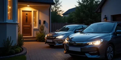 Two family cars on a driveway, one plugged into a wall charger