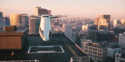 evtol air taxi hovering above a rooftop vertiport at golden hour