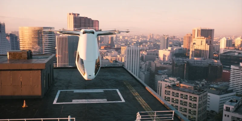 evtol air taxi hovering above a rooftop vertiport at golden hour