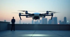 Electric air taxi hovering above a rooftop vertiport pad at dusk