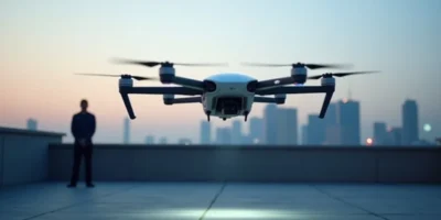 Electric air taxi hovering above a rooftop vertiport pad at dusk