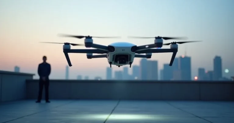Electric air taxi hovering above a rooftop vertiport pad at dusk