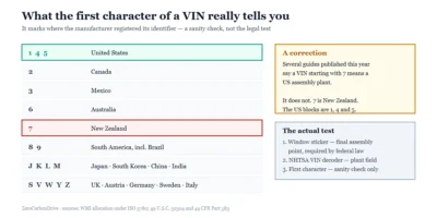VIN first character country table for a final assembly VIN check, showing 1, 4 and 5 for the United States and correcting the claim that 7 means US assembly