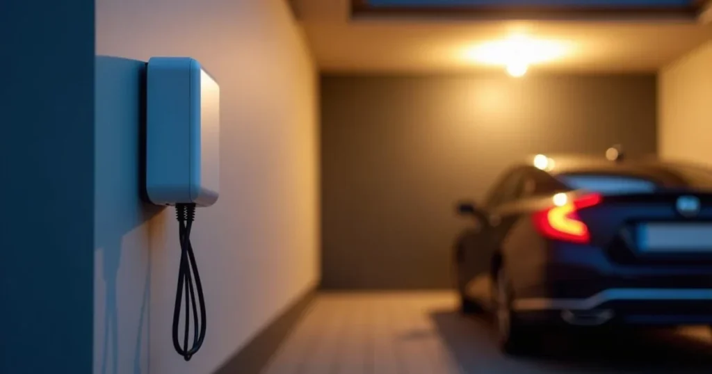 Wall-mounted home charger in a suburban garage next to a parked car