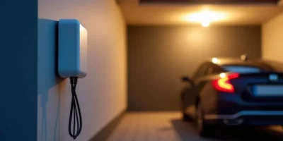 Wall-mounted home charger in a suburban garage next to a parked car