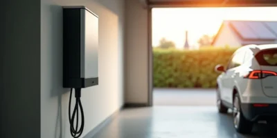 Home battery storage unit mounted in a garage beside an EV charger