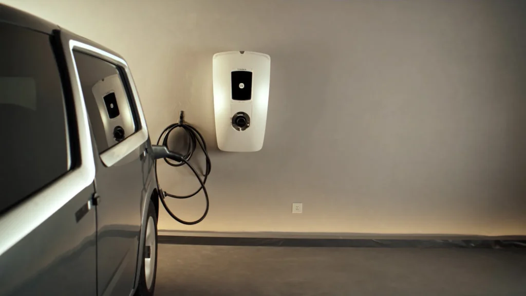 level 2 ev charger mounted in a home garage with electric car
