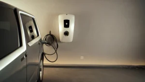 level 2 ev charger mounted in a home garage with electric car