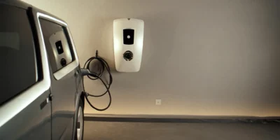 level 2 ev charger mounted in a home garage with electric car