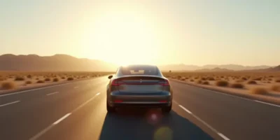 Electric car on an empty desert highway at sunset