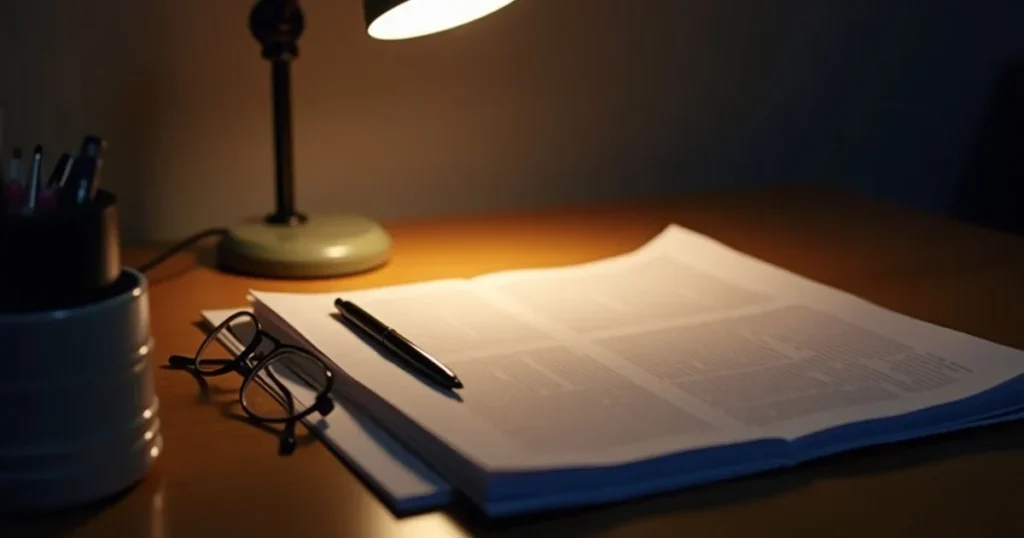 Desk with printed documents, a pen and reading glasses under a desk lamp