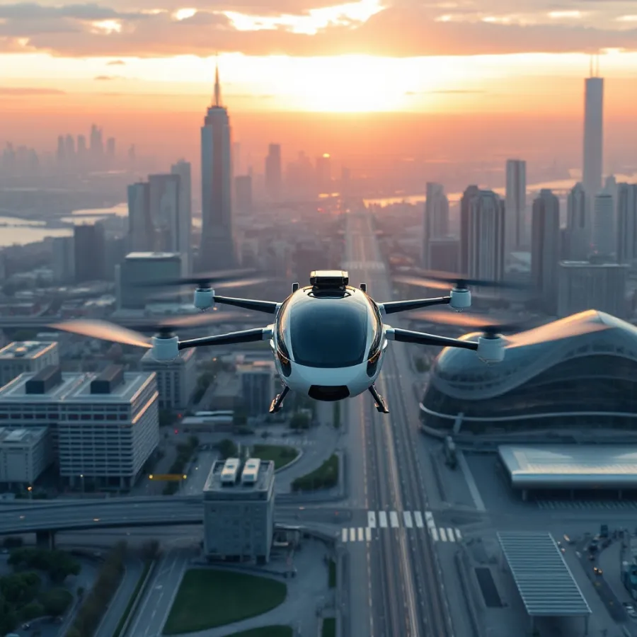 evtol air taxis operating over a future city skyline