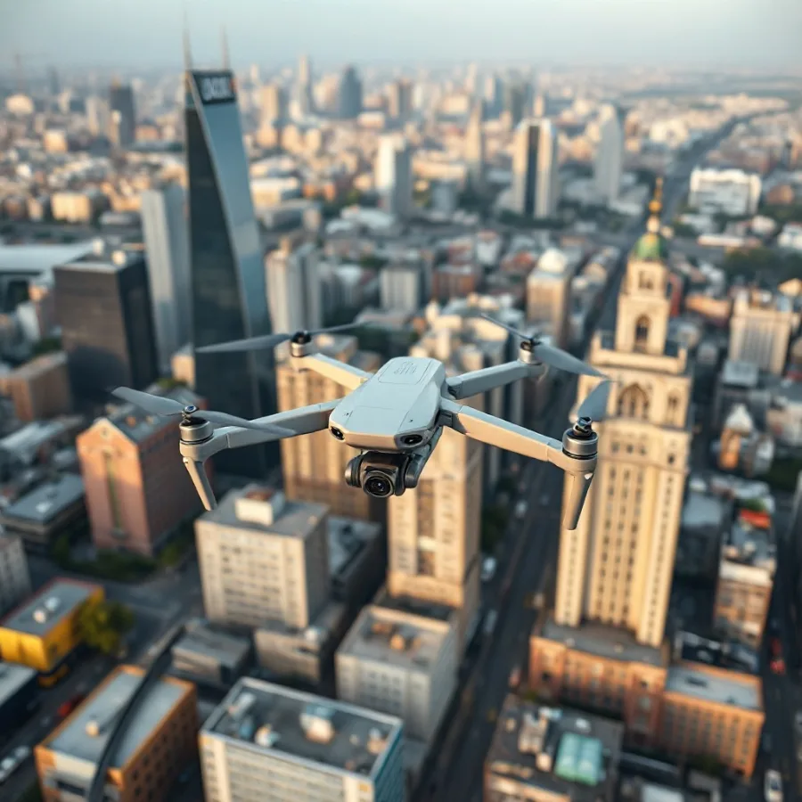 Drone delivery aircraft lowering a package over a suburban neighborhood