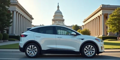 Electric car parked in front of a civic government building