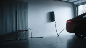 tesla home charger wall unit charging an electric sedan in a garage