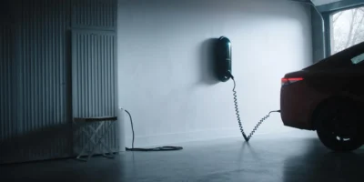 tesla home charger wall unit charging an electric sedan in a garage