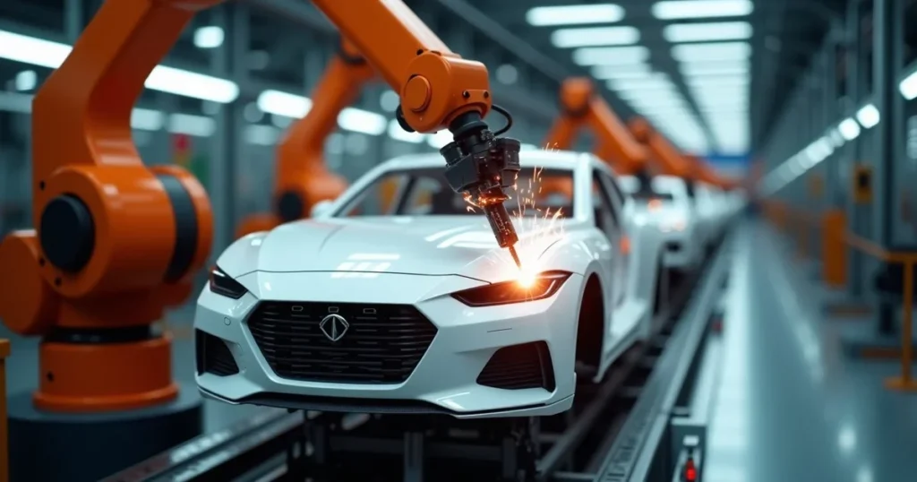 Robot arms welding a car body shell on an assembly line