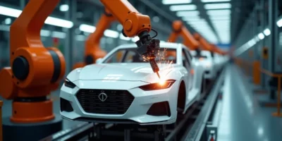 Robot arms welding a car body shell on an assembly line