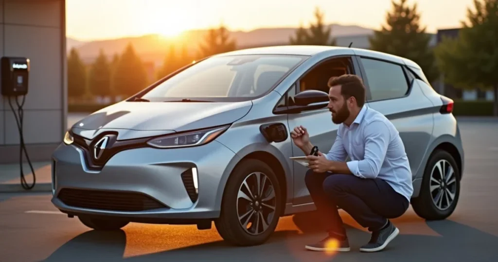 Buyer inspecting the charge port of a used electric car on a dealer lot