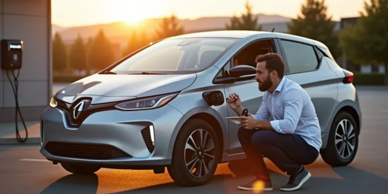 Buyer inspecting the charge port of a used electric car on a dealer lot